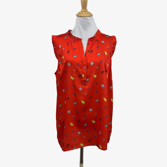 Talbots Top Womens L Large Red Ladybugs Satin Pleated Trim Popover Sleeveless - Picture 1 of 15